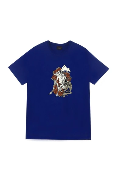 fame-stoned  Kızılderili Unisex %100 Pamuk Mavi T-shirt ürün görseli