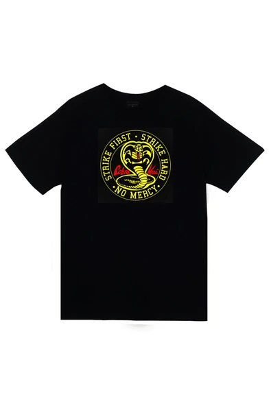 fame-stoned  Cobra Kai Dizi Baskılı Unisex %100 Pamuk Siyah T-shirt