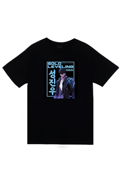 fame-stoned  Solo Leveling Sung Jin Woo Anime Baskılı Unisex %100 Pamuk Siyah T-shirt