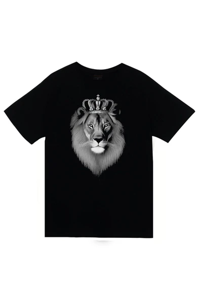 fame-stoned  Aslan Baskılı Unisex %100 Pamuk Siyah T-shirt ürün görseli 1