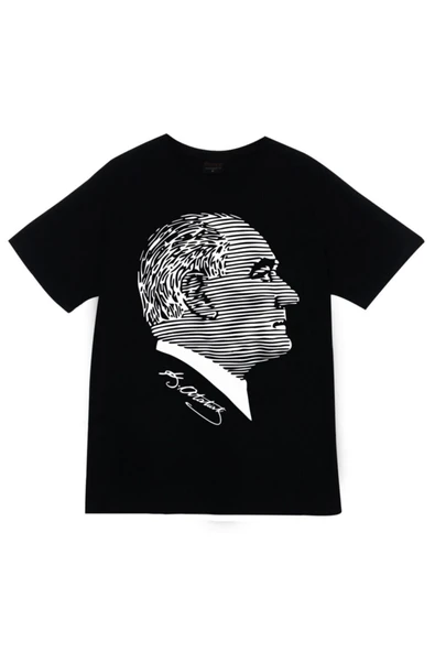 fame-stoned  Gazi Mustafa Kemal Atatürk Baskılı Unisex %100 Pamuk Siyah T-shirt
