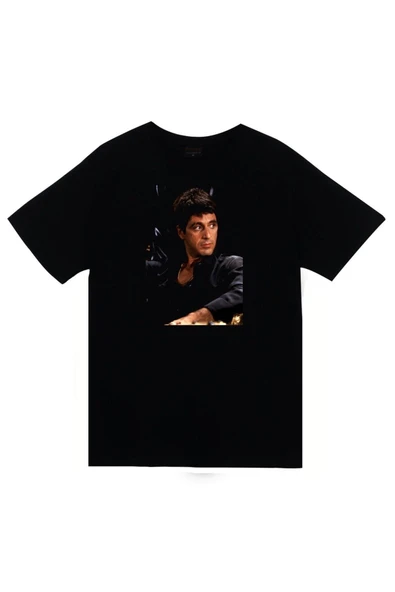 fame-stoned  Tony Montana Baskılı Unisex %100 Pamuk Siyah T-shirt ürün görseli