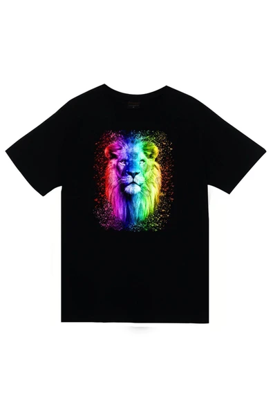 fame-stoned  Aslan Baskılı Unisex %100 Pamuk Siyah T-shirt