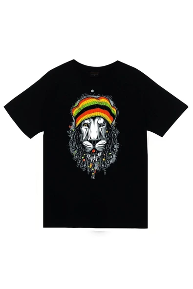 fame-stoned  Aslan Baskılı Unisex %100 Pamuk Siyah T-shirt ürün görseli