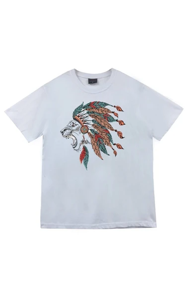 fame-stoned  Kızılderili Baskılı Unisex %100 Pamuk Beyaz T-shirt