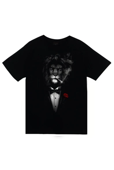 fame-stoned  Unisex Siyah Aslan Smokin Baskılı T-shirt ürün görseli