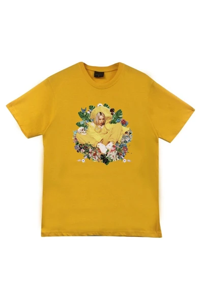 fame-stoned  Billie Eilish Baskılı Unisex %100 Pamuk Sarı T-shirt ürün görseli