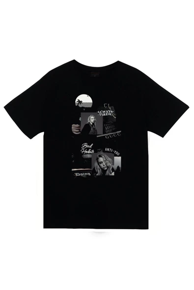 fame-stoned  Billie Eilish Baskılı Unisex %100 Pamuk Siyah T-shirt ürün görseli