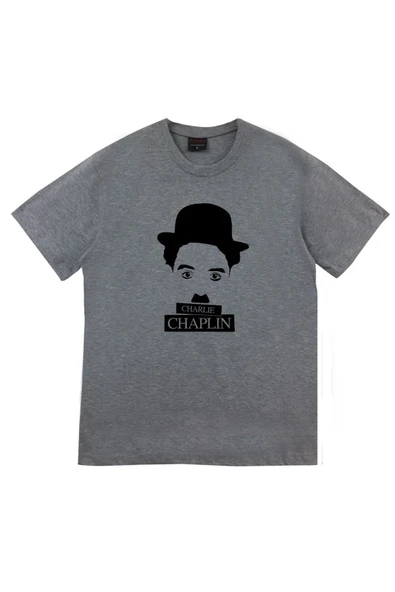 fame-stoned  Unisex Gri Charlie Chaplin Baskılı T-shirt