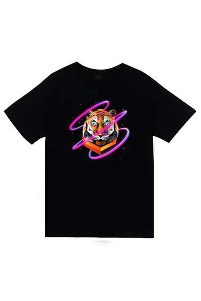 fame-stoned  Aslan, Hayvan Baskılı Unisex %100 Pamuk Siyah T-shirt
