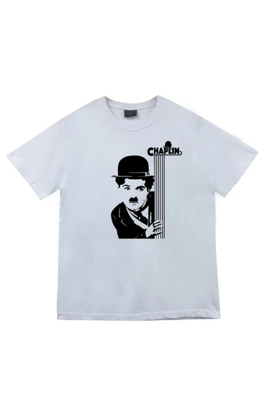 fame-stoned  Unisex Beyaz Charlie Chaplin Baskılı T-Shirt