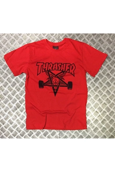 fame-stoned  Thrasher Baskılı Unisex %100 Pamuk Kırmızı T-shirt