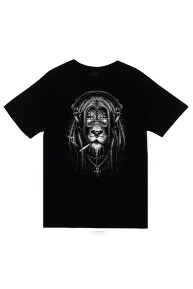 fame-stoned  Aslan Baskılı Unisex %100 Pamuk Siyah T-shirt ürün görseli