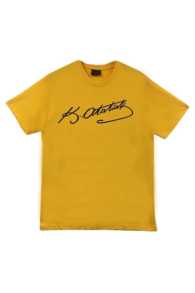 fame-stoned  Gazi Mustafa Kemal Atatürk Baskılı Unisex %100 Pamuk Sarı T-shirt ürün görseli