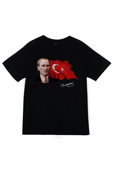 fame-stoned  Gazi Mustafa Kemal Atatürk Baskılı Unisex %100 Pamuk Siyah T-shirt ürün görseli 1