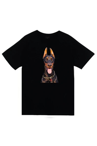 fame-stoned  Unisex Siyah Doberman Köpek Baskılı Tişört