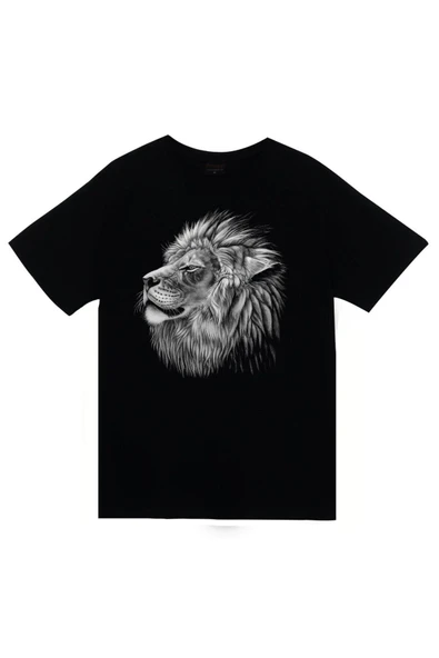 fame-stoned  Aslan, Hayvan Baskılı Unisex %100 Pamuk Siyah T-shirt ürün görseli