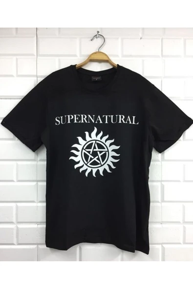 fame-stoned  Supernatural Baskılı Unisex %100 Pamuk Siyah T-shirt