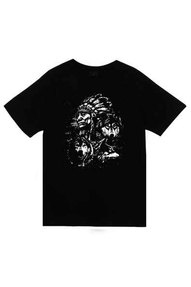 fame-stoned  Kızılderili Baskılı Unisex %100 Pamuk Siyah T-shirt
