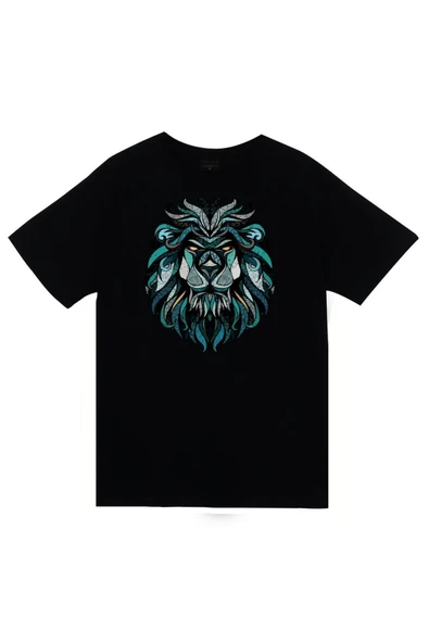 fame-stoned  Aslan Baskılı Unisex %100 Pamuk Siyah T-shirt ürün görseli