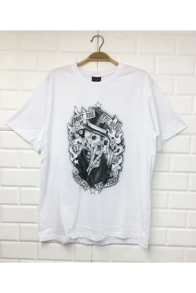 fame-stoned  Kuru Kafa Baskılı Unisex %100 Pamuk Beyaz T-shirt