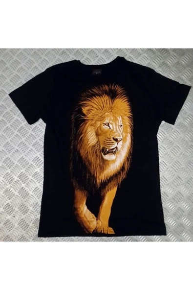 fame-stoned  Aslan Baskılı Unisex %100 Pamuk Siyah T-shirt ürün görseli