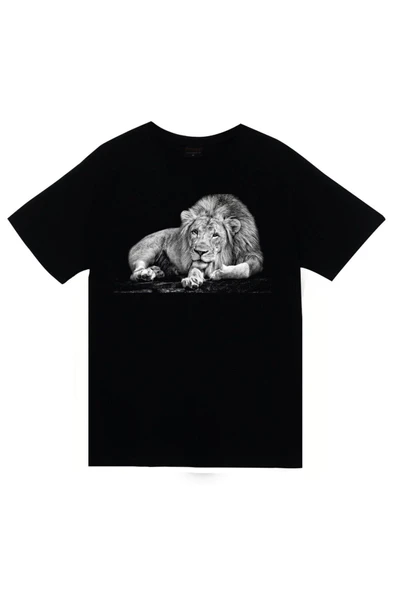 fame-stoned  Aslan Baskılı Unisex %100 Pamuk Siyah T-shirt ürün görseli