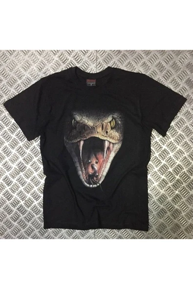 fame-stoned  Unisex Siyah Yılan Baskılı T-Shirt