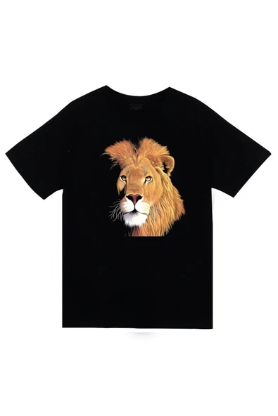fame-stoned  Unisex Siyah Aslan Baskılı T-Shirt