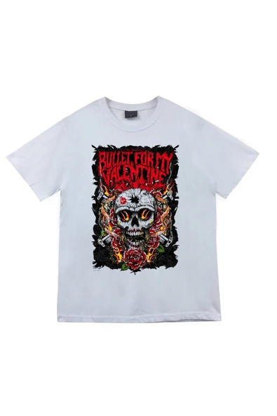 fame-stoned  Bullet For My Valentine Baskılı Unisex %100 Pamuk Beyaz T-shirt