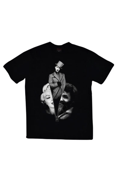 fame-stoned  Marilyn Manson Baskılı Unisex %100 Pamuk Siyah T-shirt ürün görseli