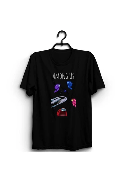 fame-stoned  Among Us, Oyun Baskılı Unisex %100 Pamuk Siyah T-shirt ürün görseli 1