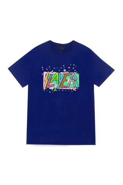 fame-stoned Slayer Baskılı Unisex %100 Pamuk Mavi T-shirt ürün görseli