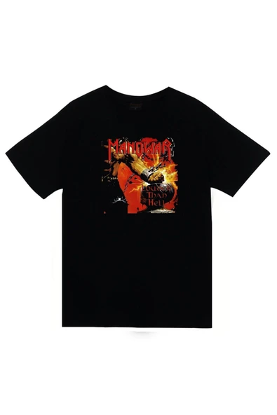 fame-stoned Manowar Baskılı Unisex %100 Pamuk Siyah T-shirt - 1