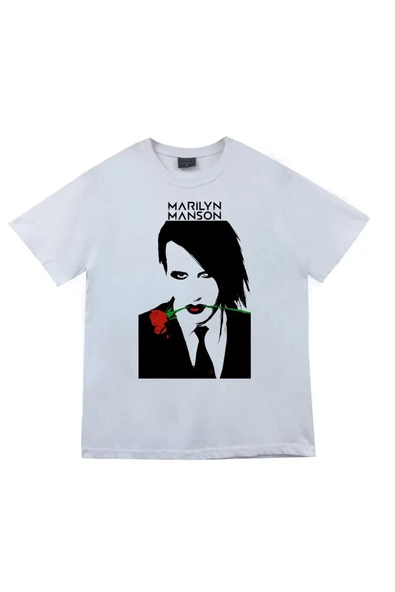 fame-stoned  Marilyn Manson Baskılı Unisex %100 Pamuk Beyaz T-shirt