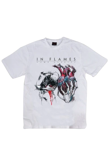 fame-stoned  In Flames Baskılı Unisex %100 Pamuk Beyaz T-shirt
