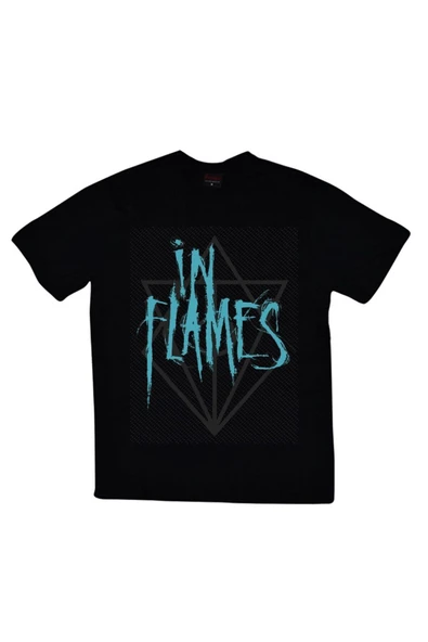 fame-stoned  In Flames Baskılı Unisex %100 Pamuk Siyah T-shirt ürün görseli