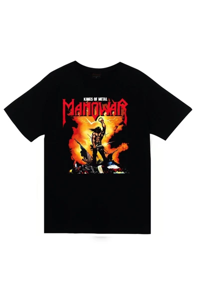 fame-stoned Manowar Baskılı Unisex %100 Pamuk Siyah T-shirt ürün görseli 1