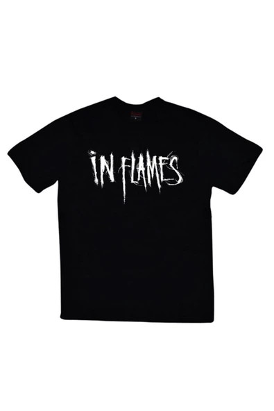 fame-stoned  In Flames Baskılı Unisex %100 Pamuk Siyah T-shirt ürün görseli