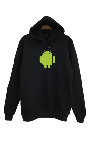 fame-stoned  Unisex Siyah Android Robot Baskılı Kapüşonlu Sweatshirt ürün görseli 1