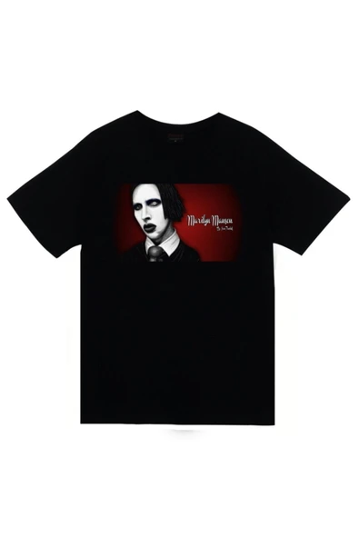 fame-stoned  Marilyn Manson Baskılı Unisex %100 Pamuk Siyah T-shirt ürün görseli