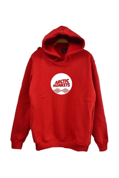 fame-stoned  Arctic Monkeys Baskılı Kapüşonlu %100 Pamuk Kırmızı Sweatshirt