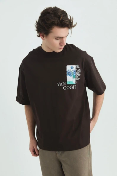 fame-stoned  Vincent Van Gogh Baskılı, Nakışlı Unisex %100 Pamuk Kahverengi T-shirt