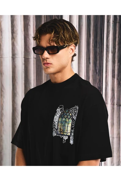 fame-stoned  Pencere Aplikeli Unisex %100 Pamuk Oversize Siyah T-shirt - 4