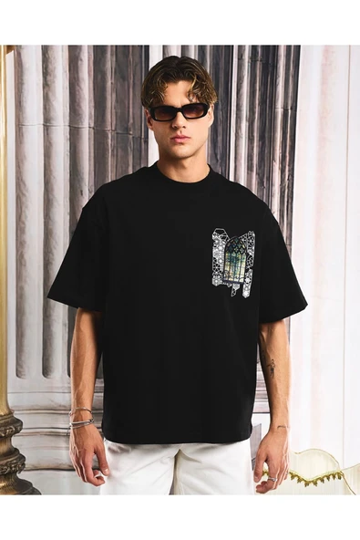 fame-stoned  Pencere Aplikeli Unisex %100 Pamuk Oversize Siyah T-shirt - 3