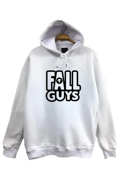 fame-stoned  Unisex Beyaz Fall Guys Oyun Baskılı Kapüşonlu Sweatshirt ürün görseli 1