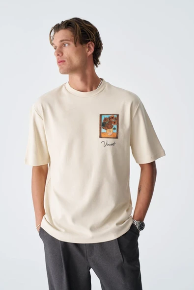 fame-stoned  Vincent Van Gogh Baskılı, Nakışlı Unisex %100 Pamuk Ekru T-shirt - 2