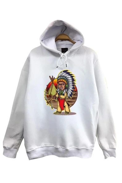 fame-stoned  Unisex Beyaz Kızılderili Indian Baskılı Kapüşonlu Sweatshirt ürün görseli