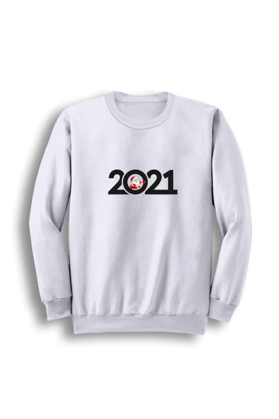 fame-stoned  Unisex Beyaz 2021 Yeni Yıl Baskılı Bisiklet Yaka Sweatshirt