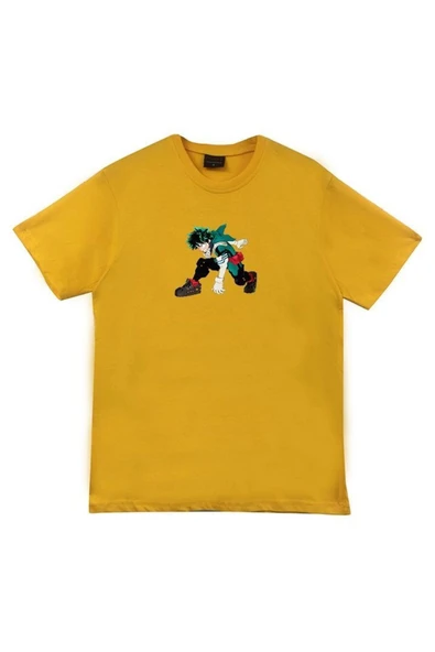 fame-stoned  Izuku Midoriya Anime Baskılı Unisex %100 Pamuk Sarı T-shirt ürün görseli